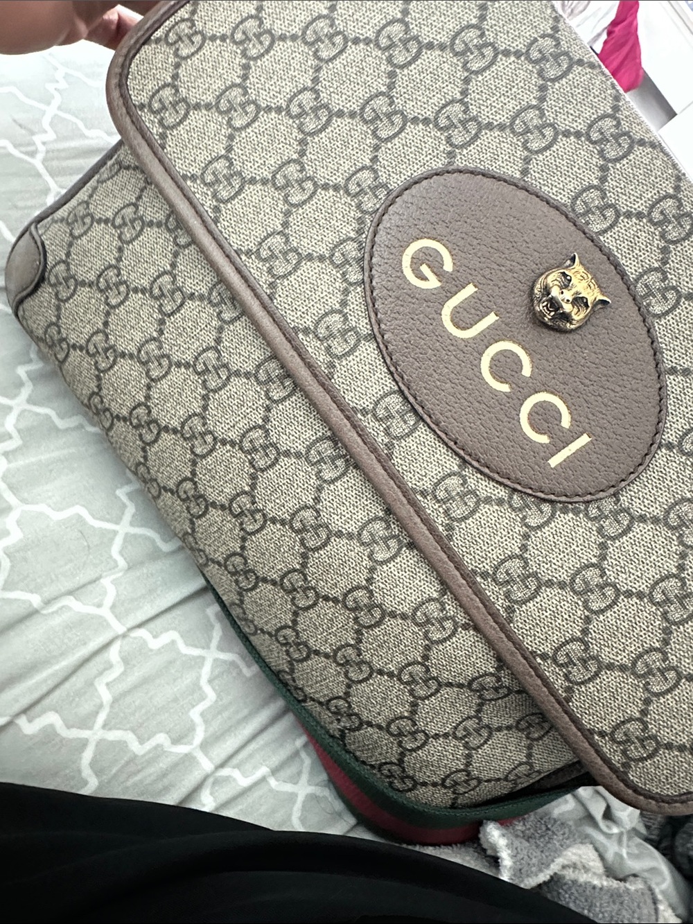 Gucci Beige GG Supreme Crossbody Bag with Brown Trim and Gold Hardware